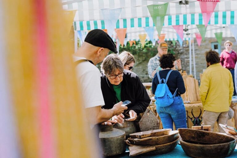 Hay Markets street market stalls in Hay-on-Wye, Brecon Beacons