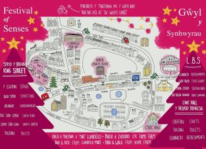 Festival of Senses Llandeilo poster featuring Christmas colours and event details.