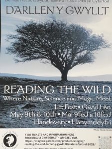Reading the Wild Literary Festival poster in Llandovery, Bannau Brycheiniog