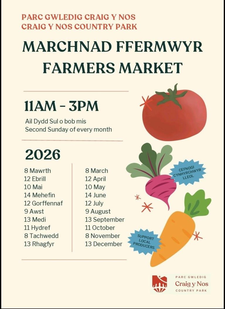 Illustrated 2026 Farmers Market poster for Craig y Nos Country Park
