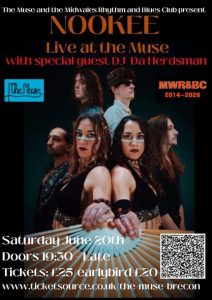 Promotional poster for NOOKEE live at The Muse in Brecon on Saturday 20 June 2026. The poster features five band members posed against a dark background, with two members standing at the front holding decorative fans. Text highlights special guest DJ Da Herdsman, doors opening at 7.30pm, and ticket prices from £20 early bird. Logos for The Muse and Mid Wales Rhythm and Blues Club appear alongside a QR code for ticket booking.