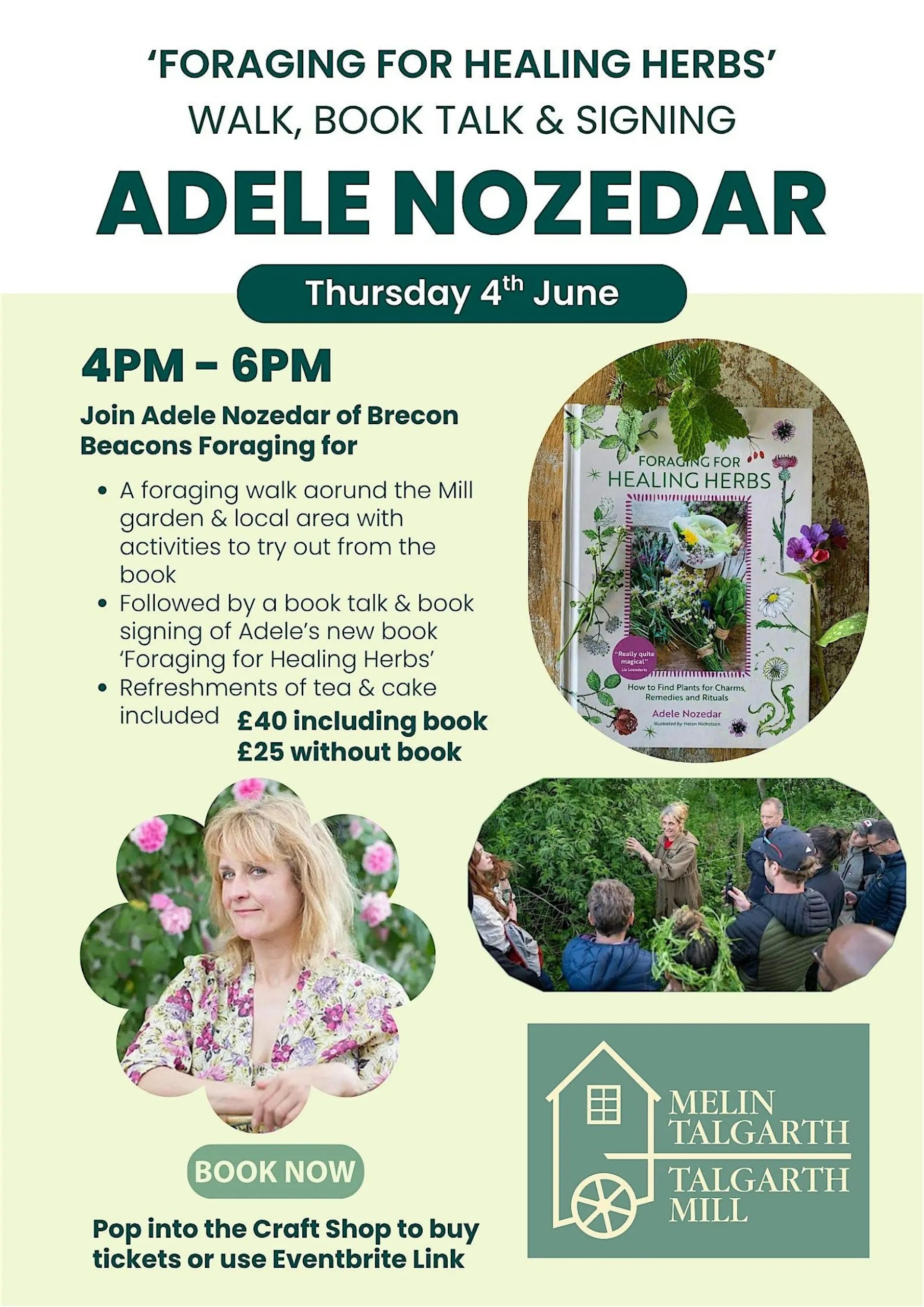 Adele Nozedar leading a foraging walk at Talgarth Mill Foraging for healing herbs event in Bannau Brycheiniog