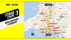 Map of Tour de France Grand Départ Stage 3 route through Wales in 2027