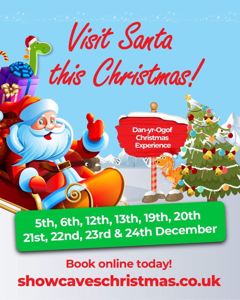Santa in his sleigh at the Dan-yr-Ogof Christmas Experience