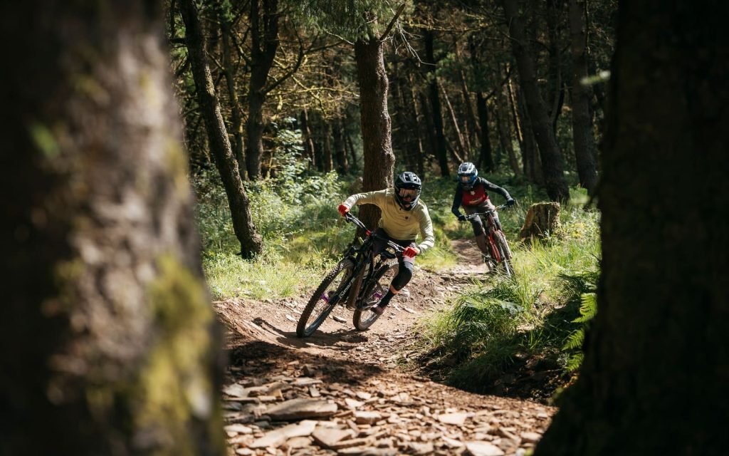 Mountain bikers riding a forest trail at BikePark Wales