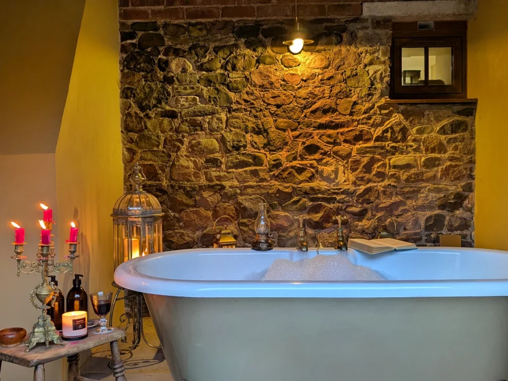 Freestanding bath inside the private bath cabin at Gablebach