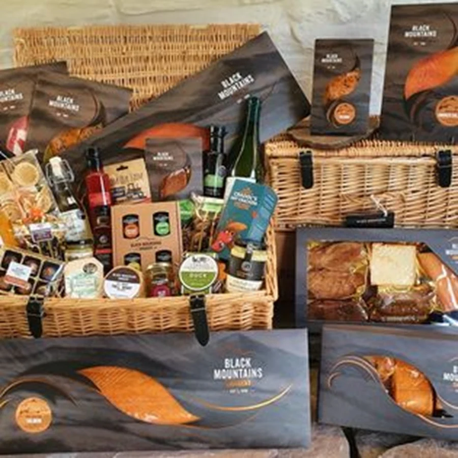 Gift hampers filled with jars and Welsh produce from Black Mountains Preserves