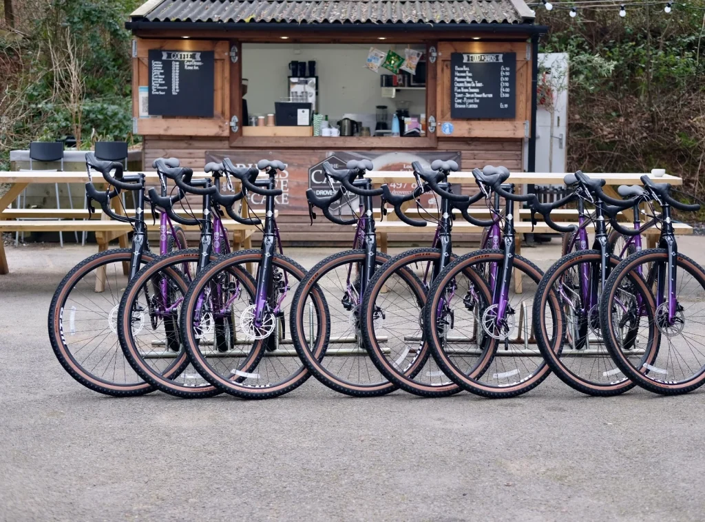 Rows of hire bikes outside Drover Cycles in Hay-on-Wye