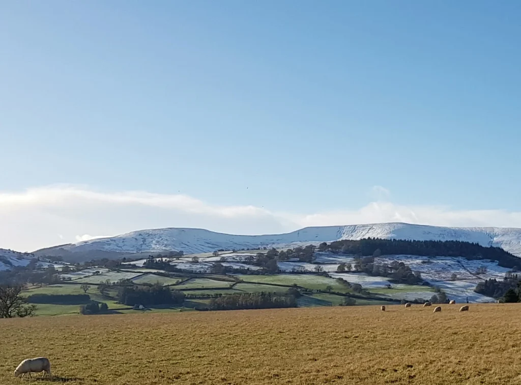 Mountain view across fields from Glanpant Bach near Bwlch