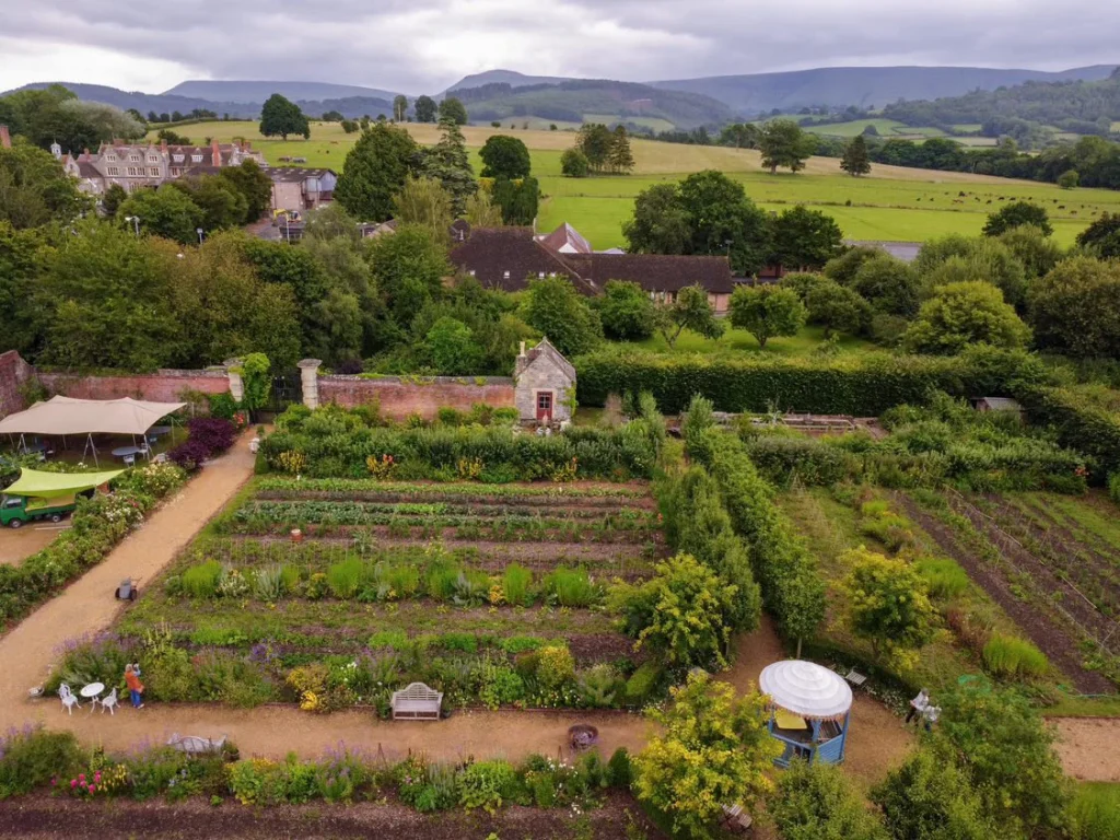 Aerial view of the productive beds and paths at Gwernyfed Walled Garden