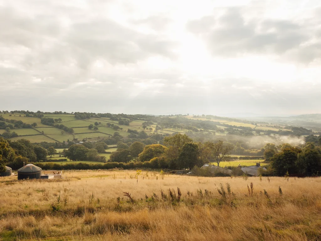 Wide rural view across fields from Kaya at Blackhill Farm