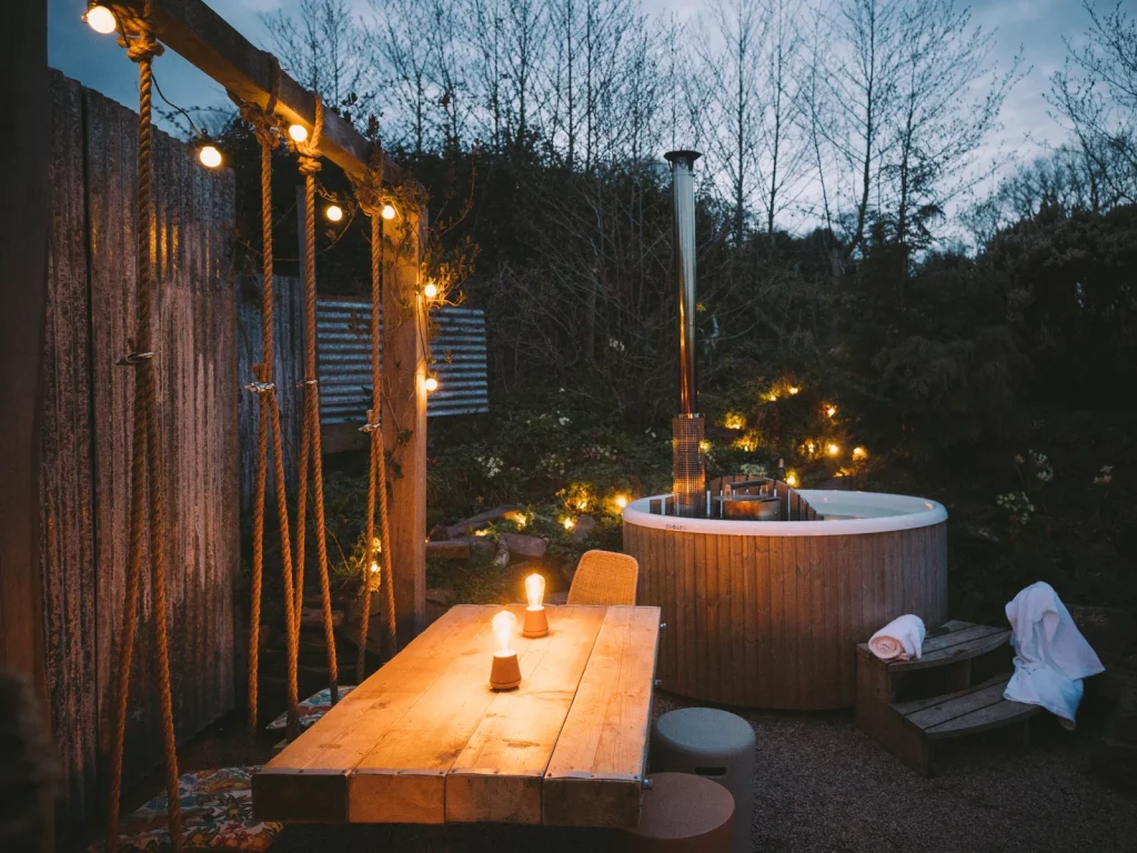 Private outdoor hot tub beside The Nook at Kaya at Blackhill Farm