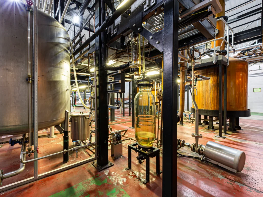 Copper Faraday stills inside Penderyn Distillery in the Brecon Beacons
