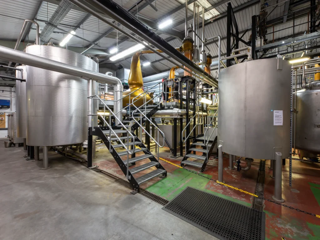 Production equipment and walkways inside Penderyn Distillery
