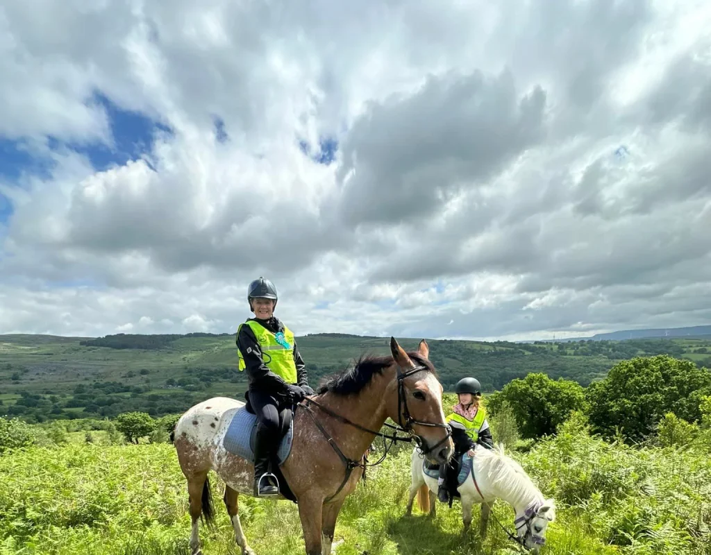 Rider on horseback overlooking green hills during a Pentre Riding Stables trek