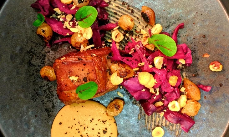 Colourful seasonal dish served at The Red Lion in Penderyn