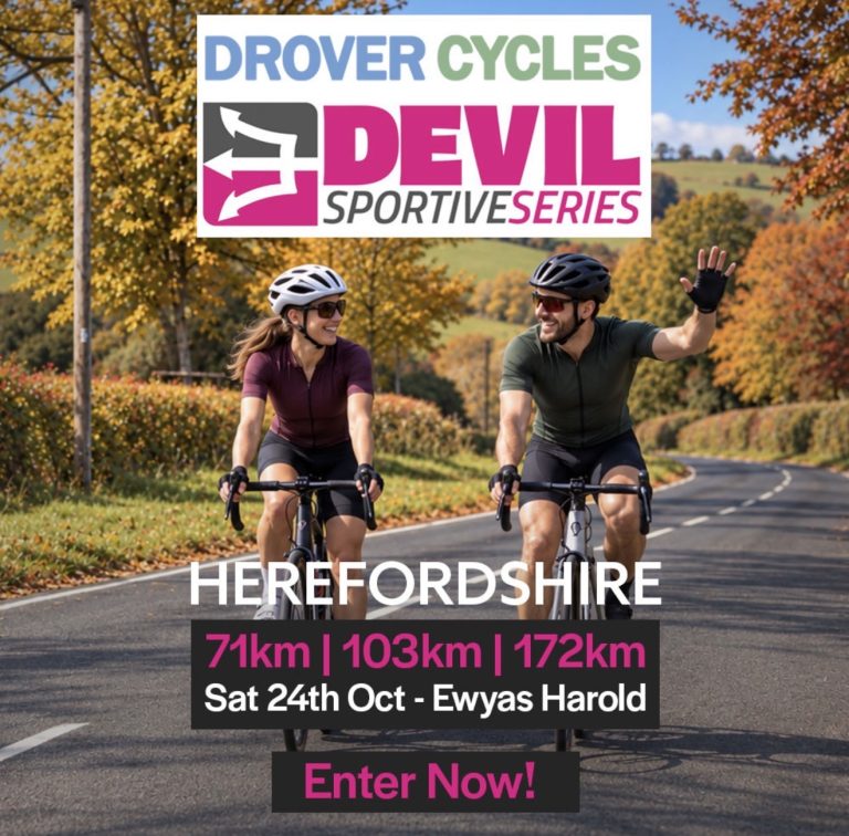 Poster for the Drover Cycles Herefordshire Devil sportive, showing cyclists riding through an autumn landscape with routes of 71, 103 and 172 kilometres.