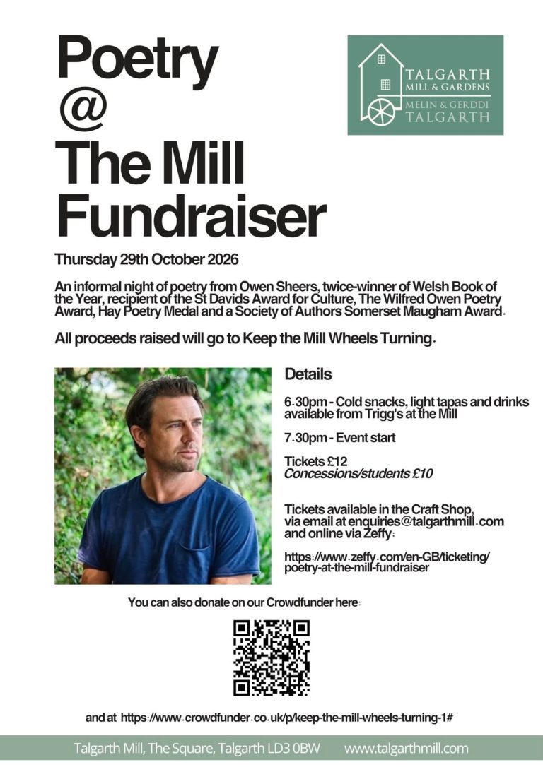 Poetry at the Mill Fundraiser poster featuring Owen Sheers at Talgarth Mill