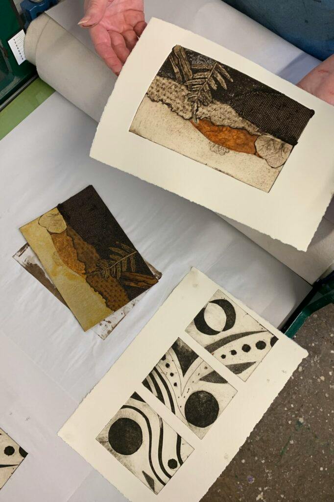 Collagraph printmaking materials and artwork by Nichola Goff