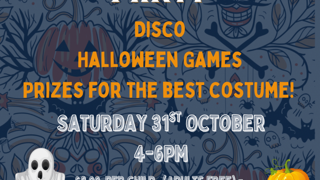 Kids Halloween Party poster with pumpkins, ghosts and event details for The Foundry Brecon