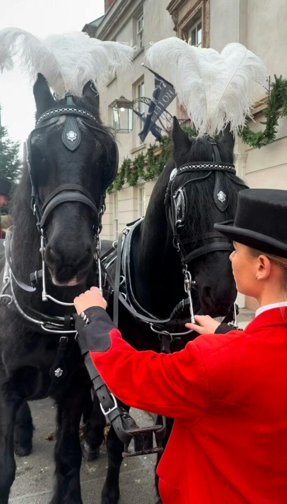 Santa’s horse-drawn sleigh outside The Angel Hotel in Abergavenny